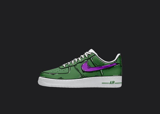 green and purple custom nike air force 1s with hand painted cartoon design details all over the shoes