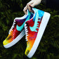 Hand-painted custom Air Force 1 shoes with a multicolored fade, intricate hexed designs, and a unique dripping blue Nike swoosh.