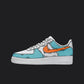 Custom Air Force 1 sneakers with light blue panels and orange Nike swoosh, featuring hand-painted cartoon outlines