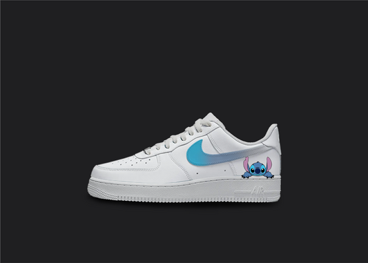 Custom Lilo and Stitch inspired Nike Air Force 1 sneakers with Stitch peeking over the edge of the sole, on a white background with light blue, blue and gray fade Nike swoosh, perfect for Lilo and Stitch fans looking to add a touch of nostalgia and Disney culture to their shoe collection.