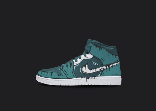 The image is featuring a custom black Air Jordan 1 sneaker on a blank black background. The white jordan sneaker has a custom blue on blue cartoon design all over the sneaker. 