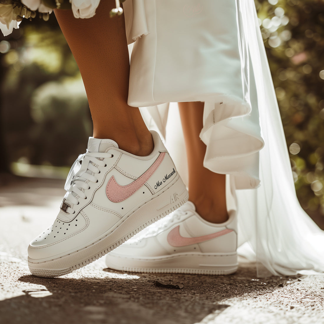 Custom personalised white wedding shoes, nike air force 1 with rosegold nike swoosh and text in black