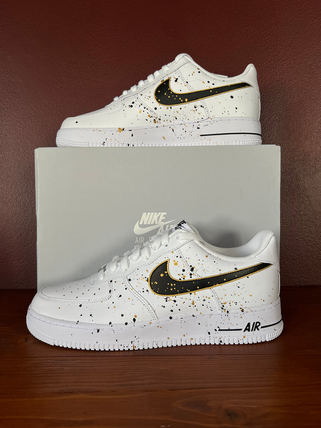 Black & Gold Splatter - Custom Nike Air Force 1s, hand-painted by Wokecustoms