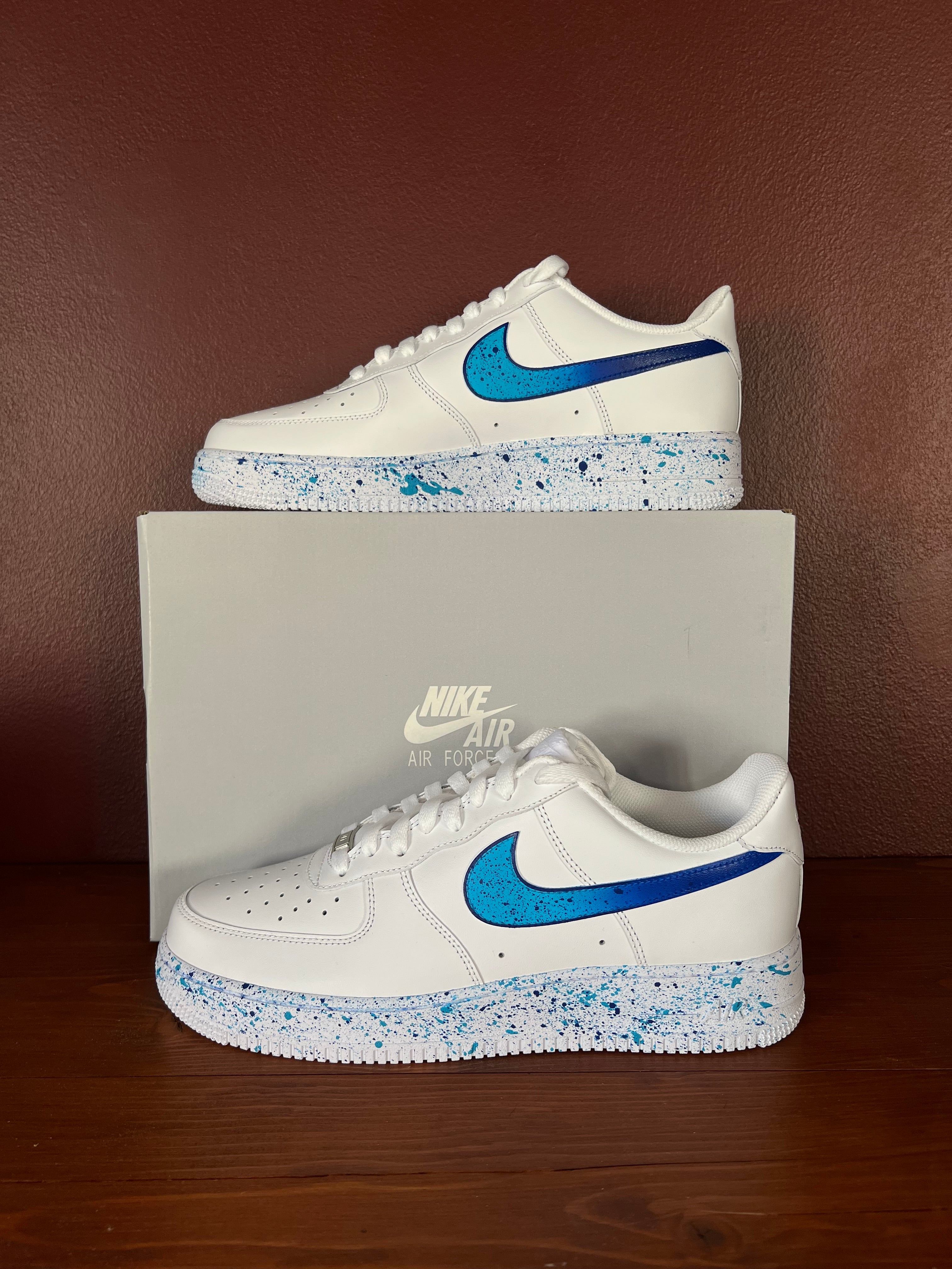 Blue Swoosh Fade Splatter - Custom Nike Air Force 1s, hand-painted by Wokecustoms