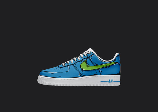 blue and green custom nike air force 1 sneakers with a cartoonish details in black and white