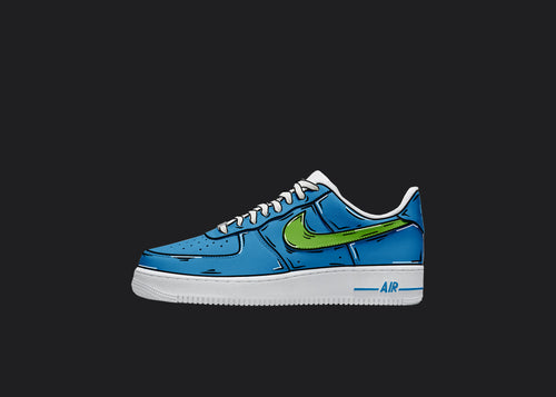 Blue & Green Cartoon - Custom Air Force 1s, hand-painted custom sneaker by Wokecustoms