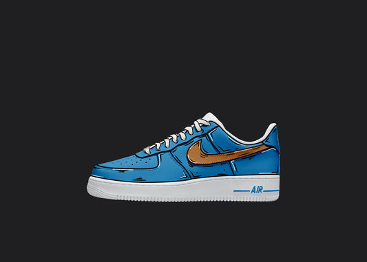 blue and orange custom nike air force 1 sneaker painted on a white sneaker base with cartoon details in white and black