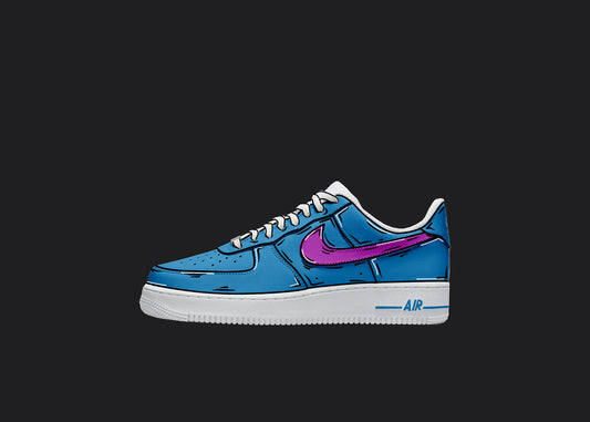 Blue and purple custom nike air force ones with a custom handpainted design finihs featuring cartoon details in white and black 