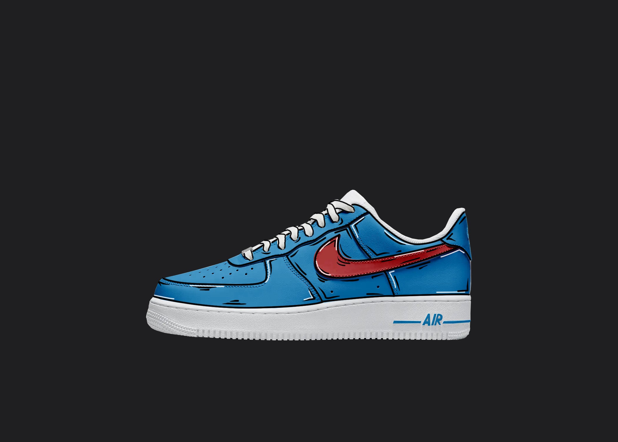 Blue & Red Cartoon - Custom Air Force 1s, hand-painted custom sneaker by Wokecustoms