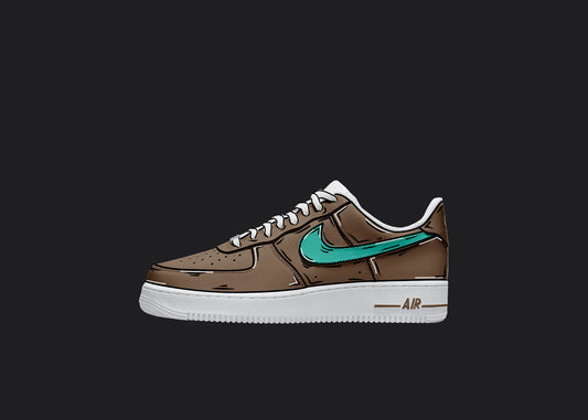 brown and blue custom nike air force 1 sneakers with hand painted cartoon details in white and black