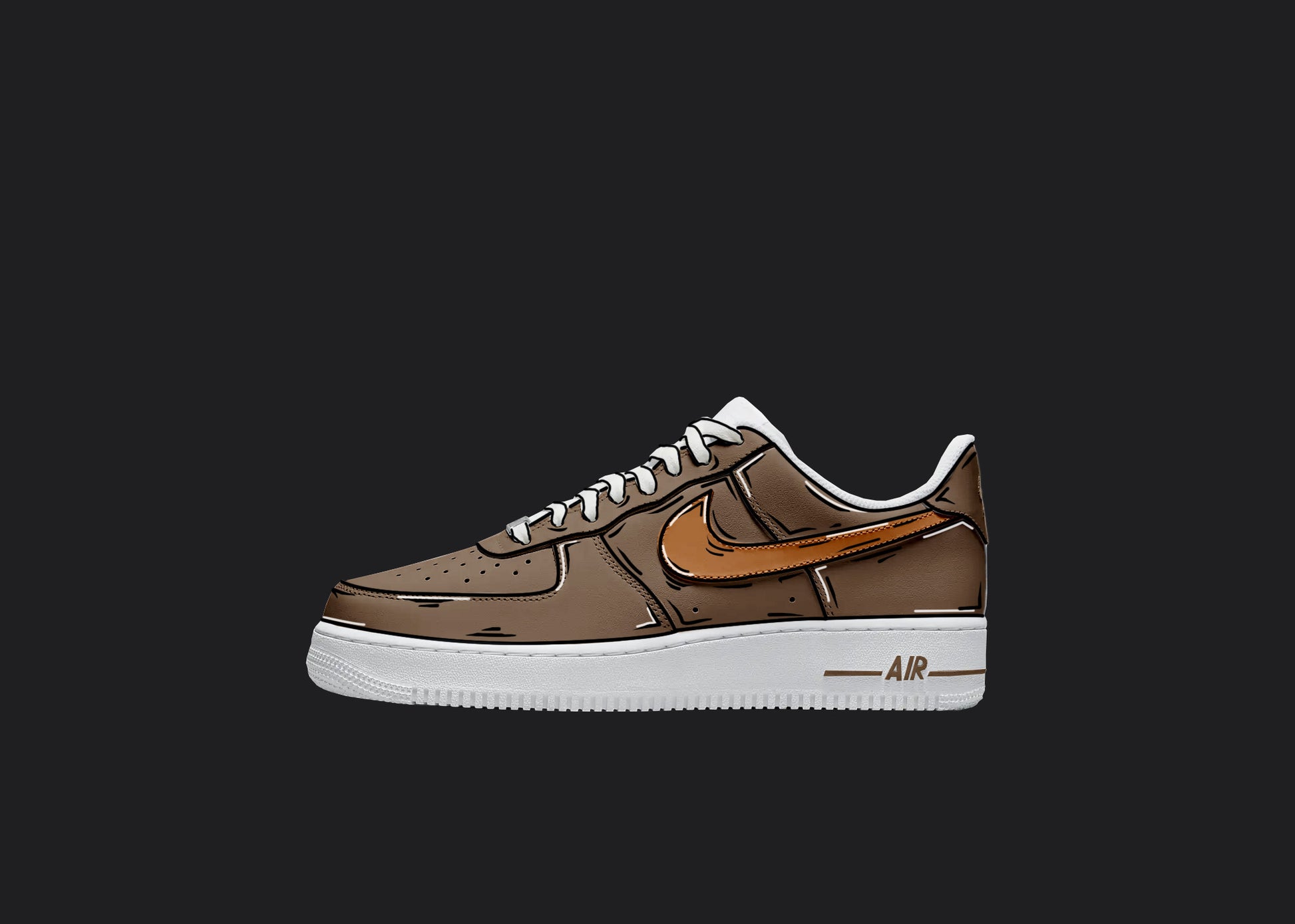 brown and orange custom air force one sneakers with cartoonish details all ove rthe shoes in white and black
