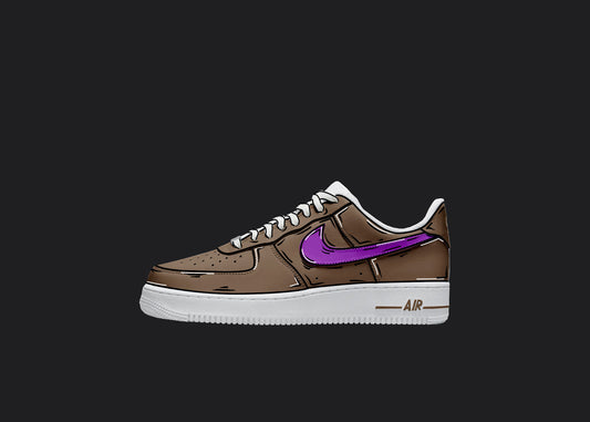 brown all over custom hand painted design on nike air force 1 sneakers with a purple ike swoosh logo. the design also features custom cartoon details all over the sneakers and laces