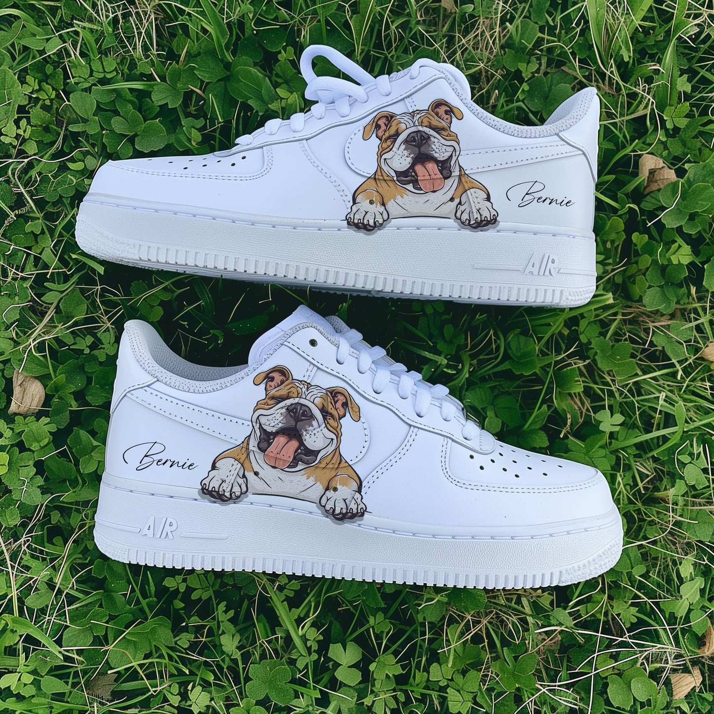 Custom hand-painted Nike Air Force 1 sneakers with a bulldog design and personalized name ‘Bernie’ on the side.