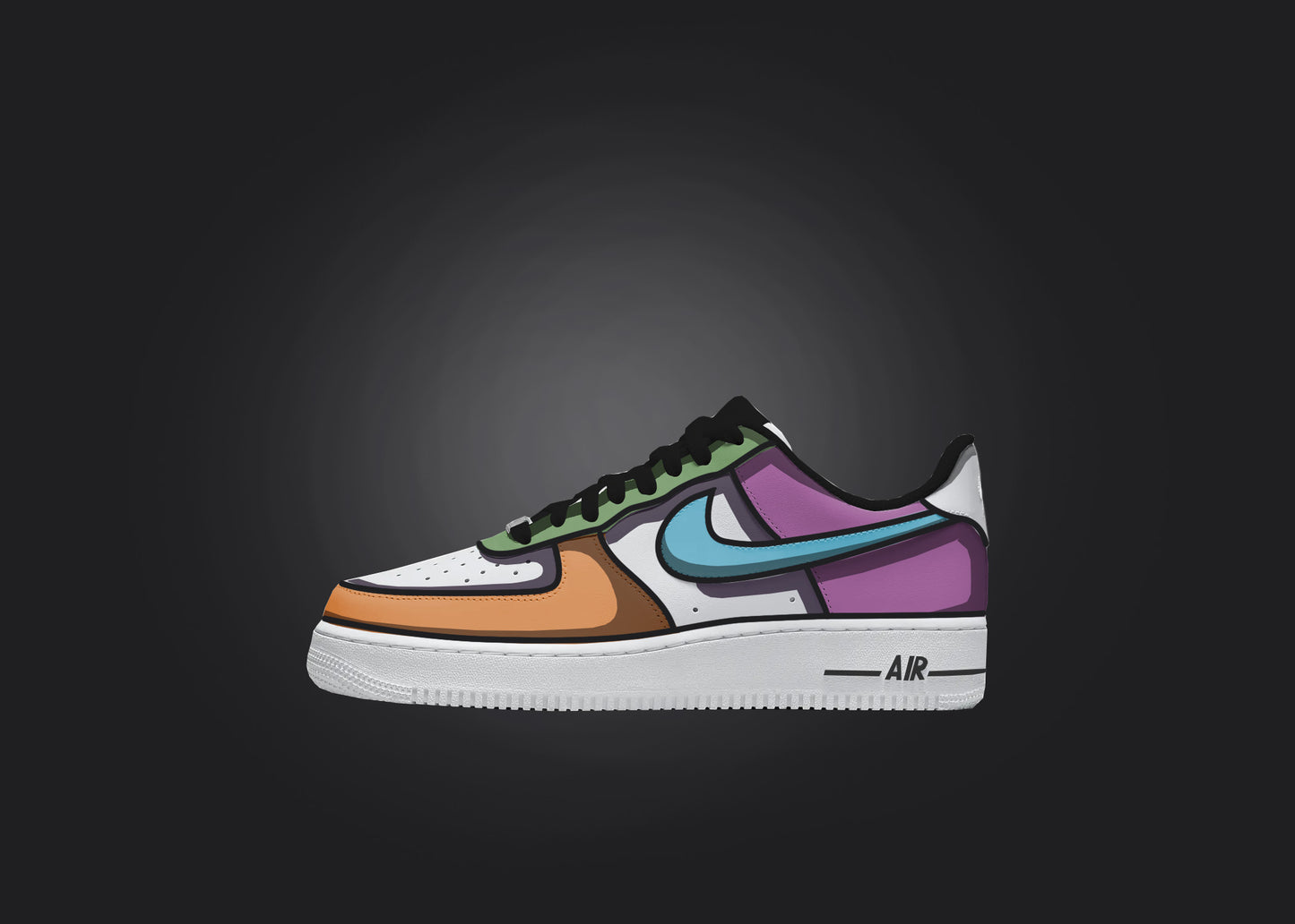 A single Custom Air Force 1 sneaker featuring a colorful mix of orange, green, blue, and purple shades, highlighted against a black backdrop.