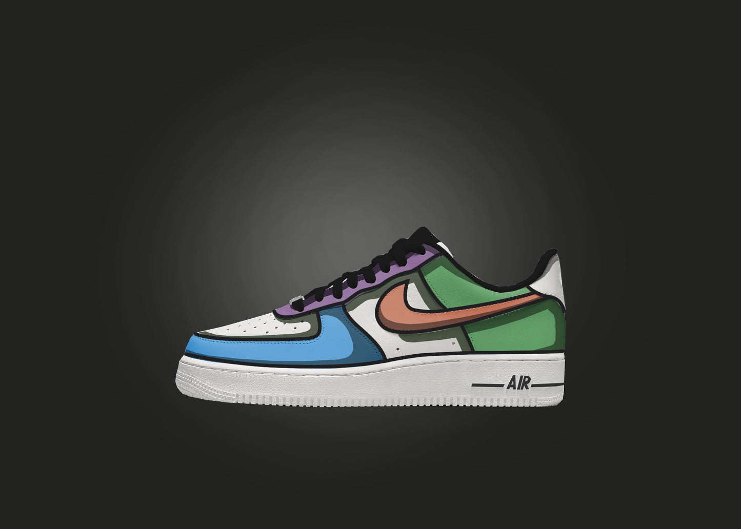 Custom Air Force 1 sneaker featuring individual panels of blue, purple, orange, and green, displayed against a black background.