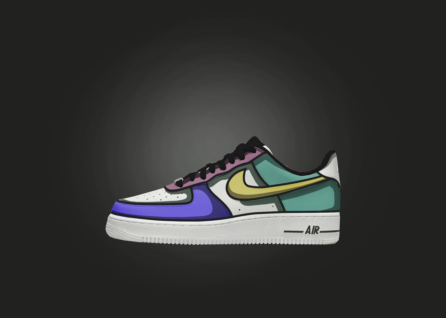 Custom Air Force 1 sneaker with panels of purple, pink, yellow, and green, set against a black background.