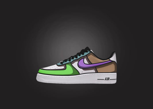 Custom Air Force 1s with panels of green, blue, purple, and brown displayed against a black backdrop.