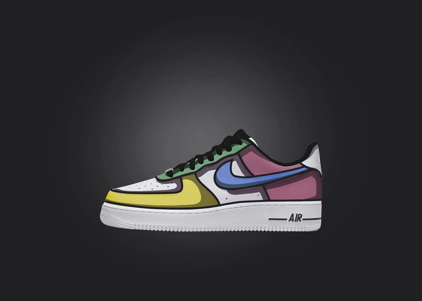 Custom Air Force 1 sneakers with multi-colored panels of yellow, green, blue, and pink, set against a black background.