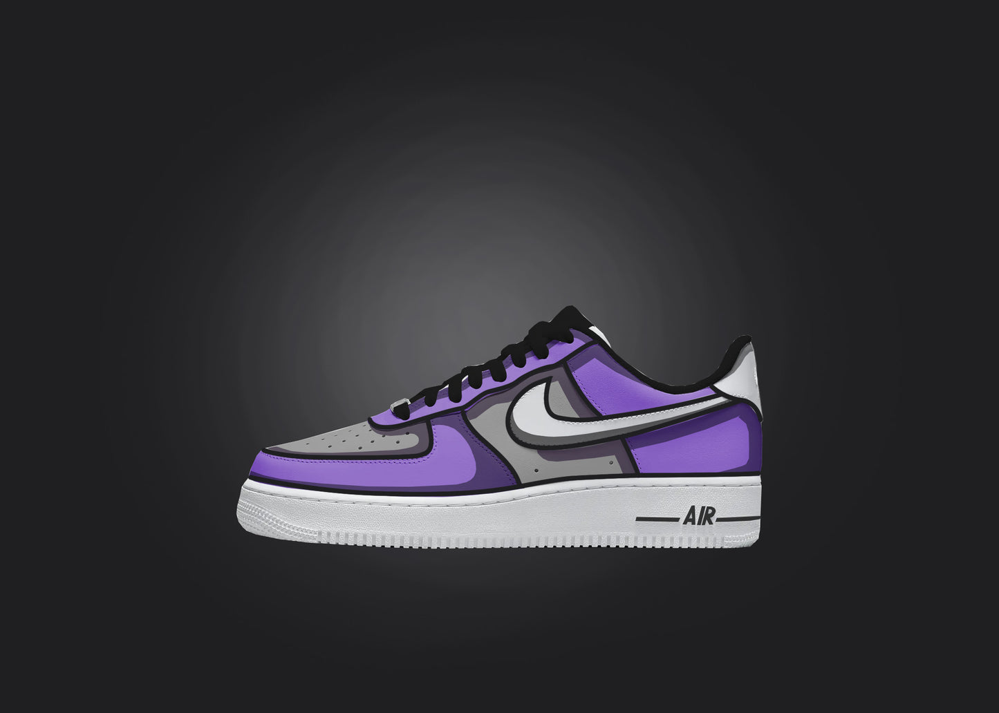 Single Custom Air Force 1 sneaker in purple and gray displayed on a black backdrop, emphasizing the unique cartoon shading.