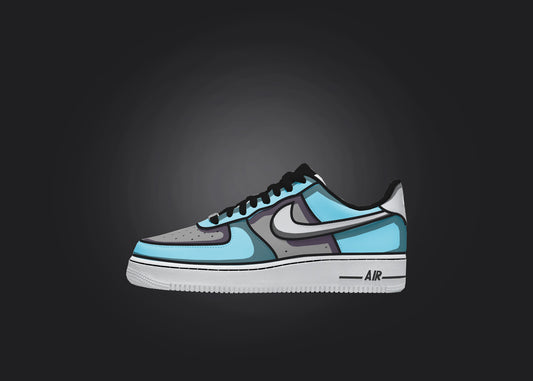 blue and gray custom nike air force 1 on a black background in blue and gray shadow color designs