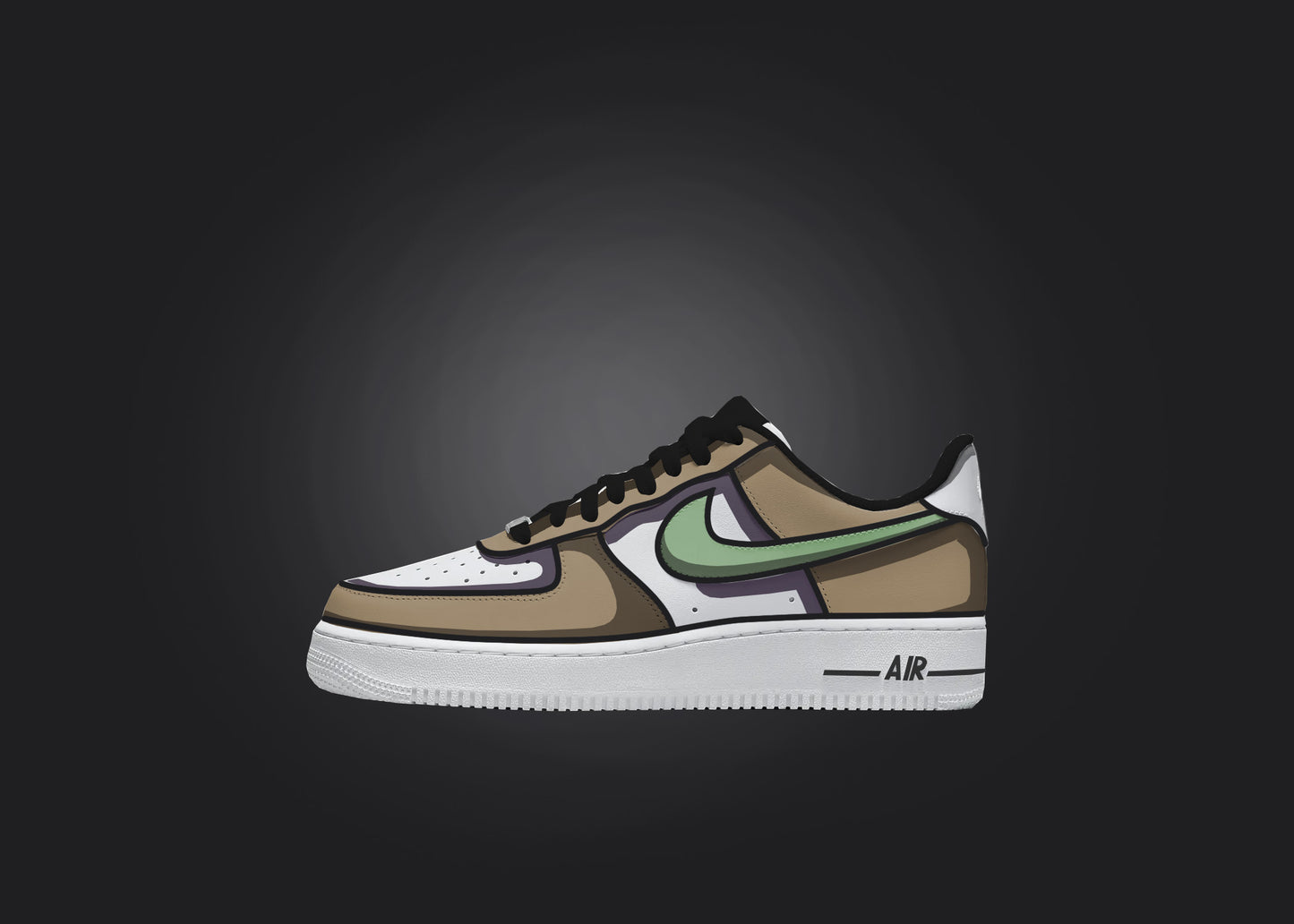 Single brown and green Custom Air Force 1 sneaker displayed against a black background, accentuating its unique cartoon shading technique.