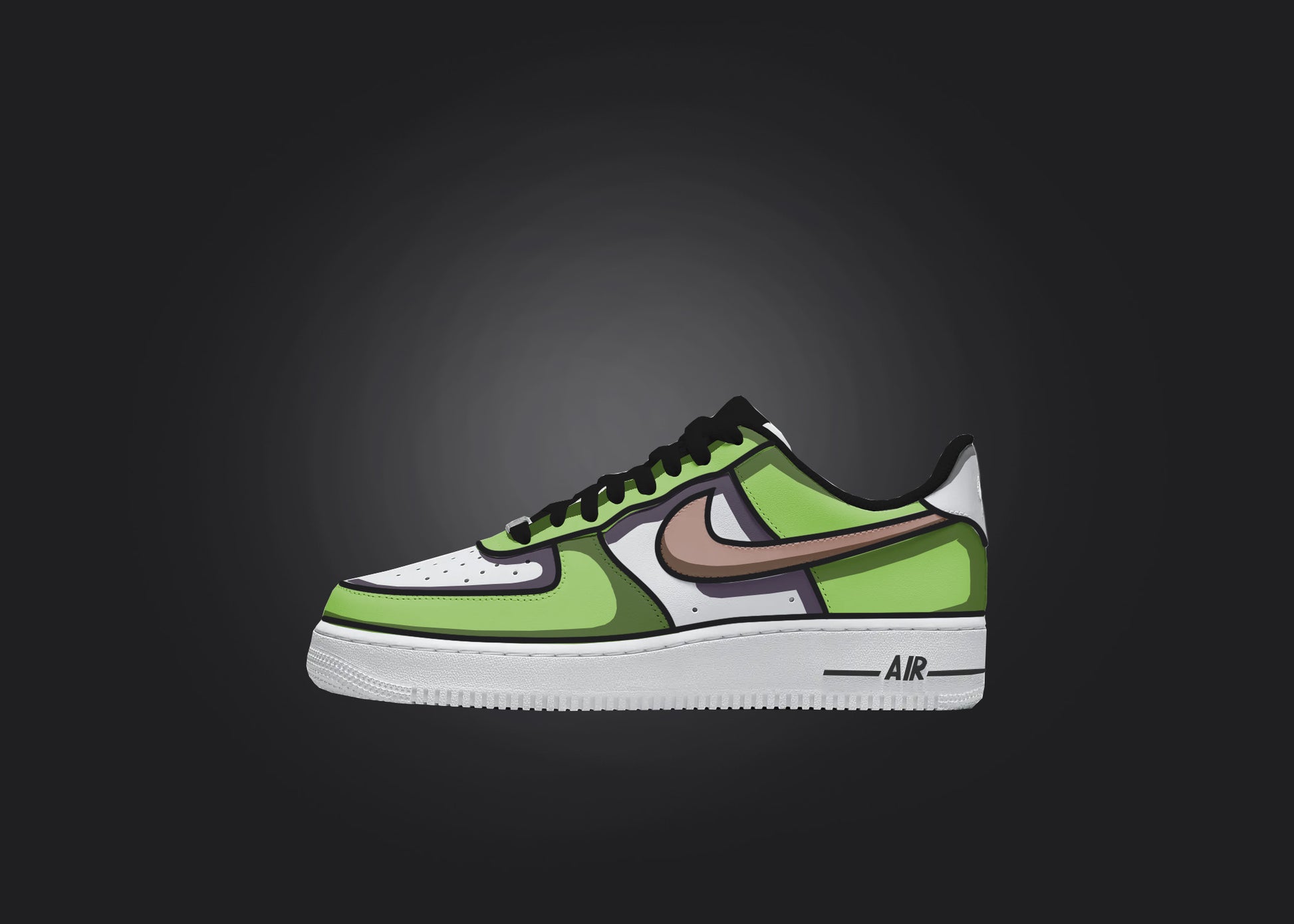 Solo Custom Air Force 1 sneaker in green and brown, set against a black backdrop to highlight the intricate cartoon shading detail.