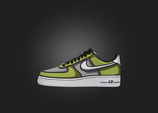 A single Custom Air Force 1 sneaker in green and gray shades, set against a black background, highlighting the intricate cartoon shading technique.