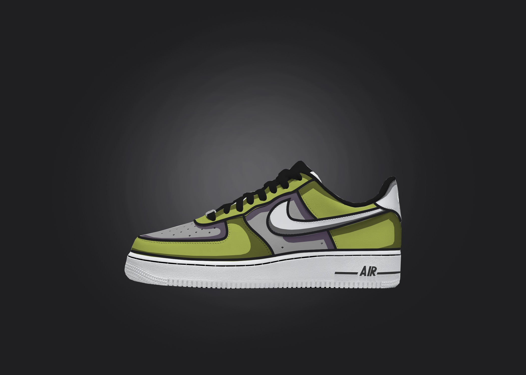 Cartoon Shade Green & Gray - Custom Air Force 1s, hand-painted custom sneaker by Wokecustoms