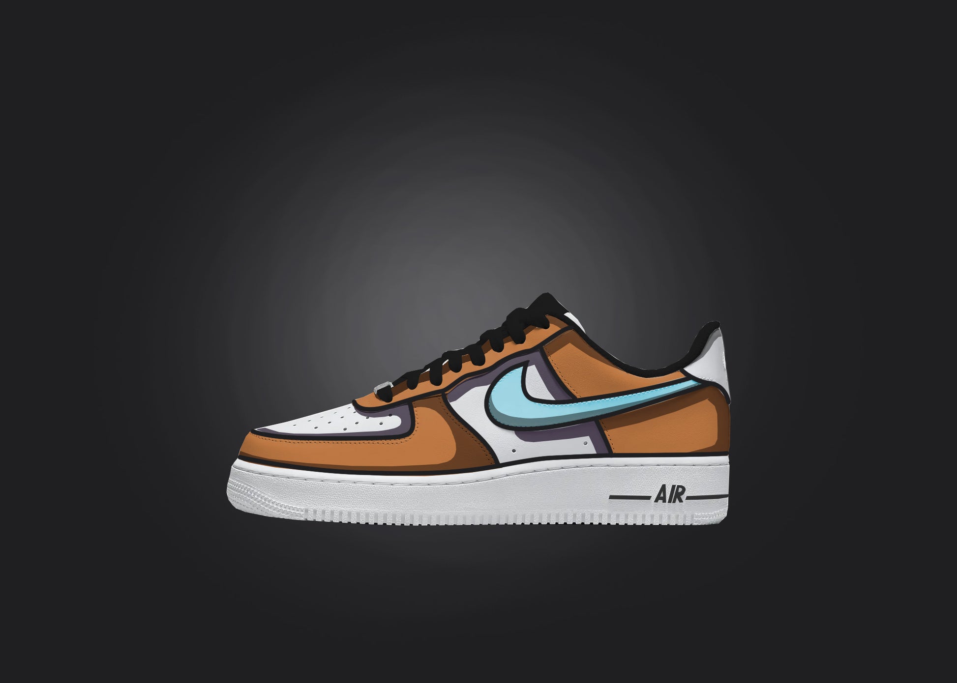 Single Custom Air Force 1 sneaker in orange and white, featured against a black background to showcase its unique cartoon shading.