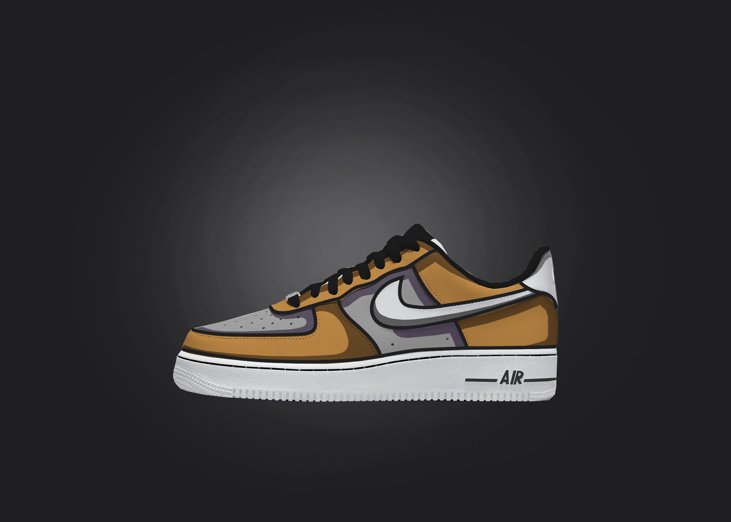 Single orange and gray Cartoon Shade Custom Air Force 1 displayed on a black background, spotlighting the hand-painted cartoon shading details.