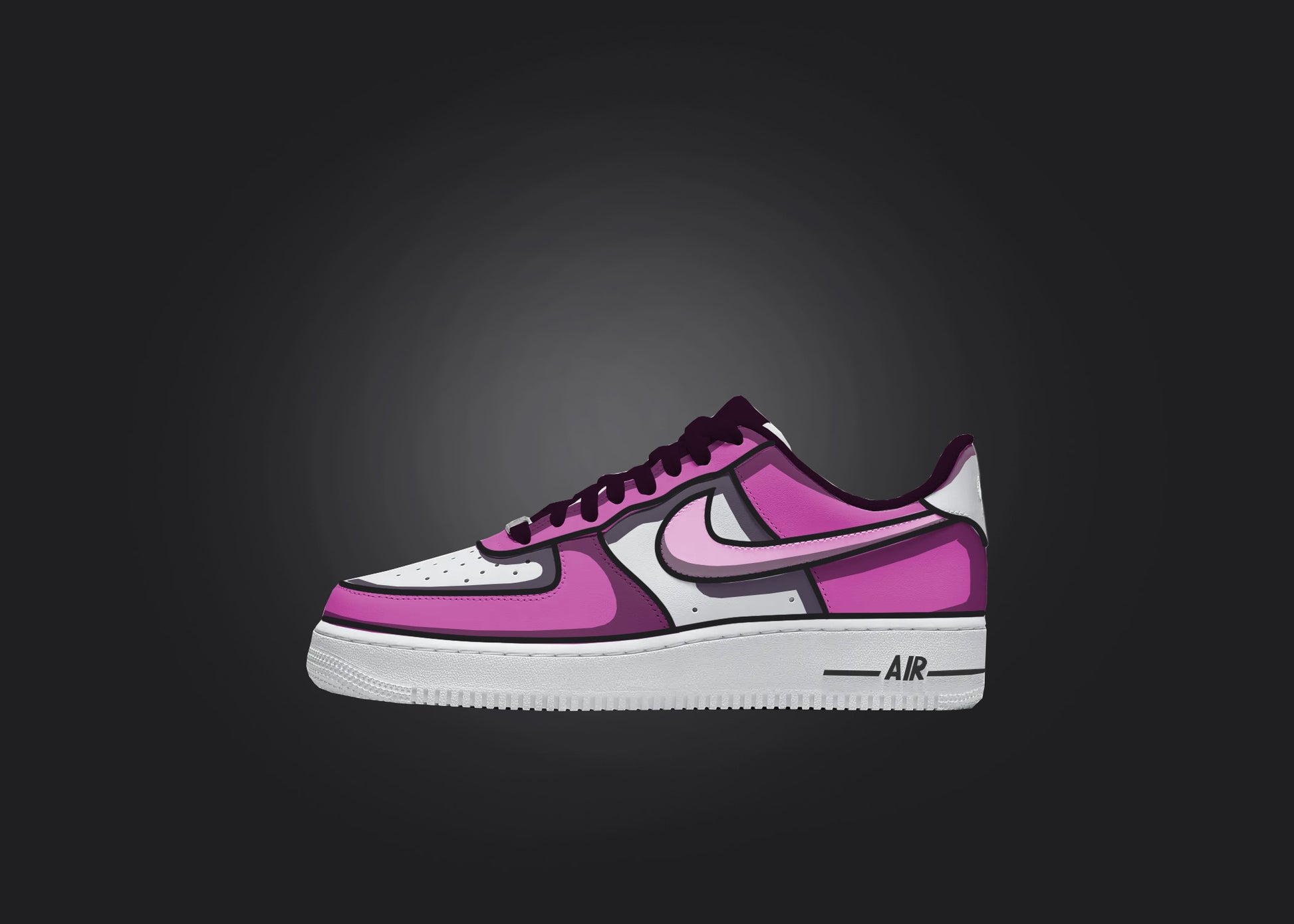 Single Custom Air Force 1 sneaker with pink and white shades set against a black backdrop, highlighting its unique cartoon shading technique.