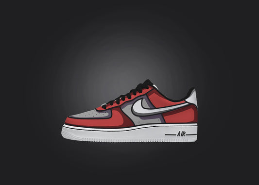 Red and Gray Cartoon Shade Custom Air Force 1 sneaker showcased on a plain black background, highlighting the unique 3D cartoon shading technique.