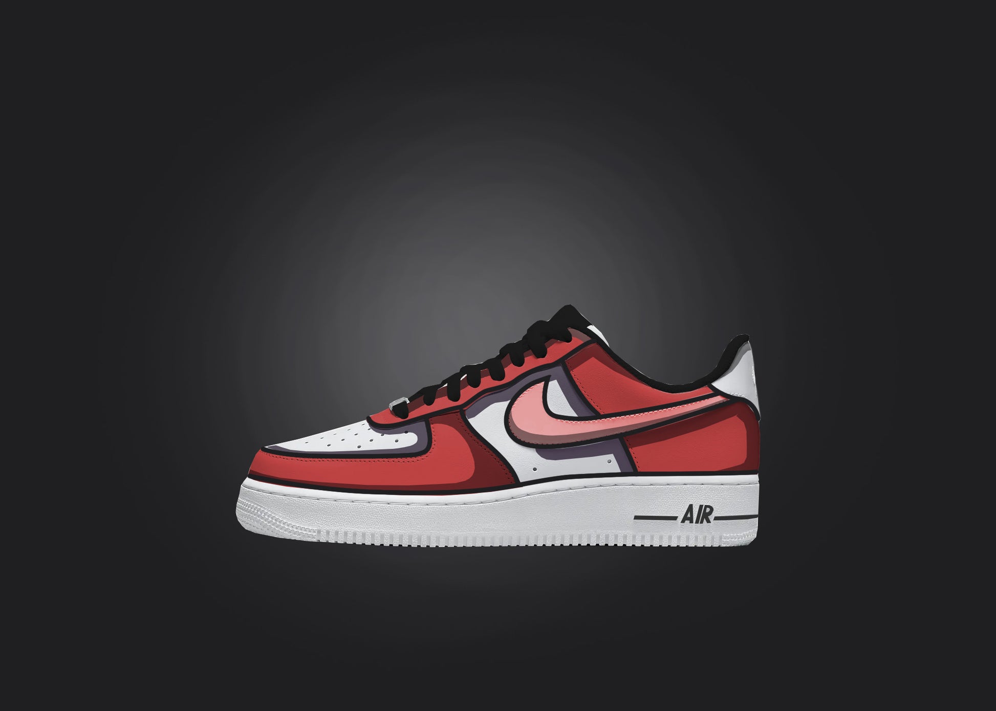 Single red and white Custom Air Force 1 sneaker displayed against a black background, accentuating the intricate cartoon shading details.