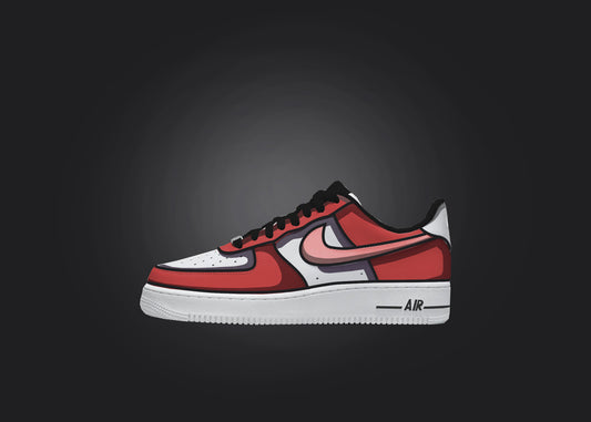 Single red and white Custom Air Force 1 sneaker displayed against a black background, accentuating the intricate cartoon shading details.