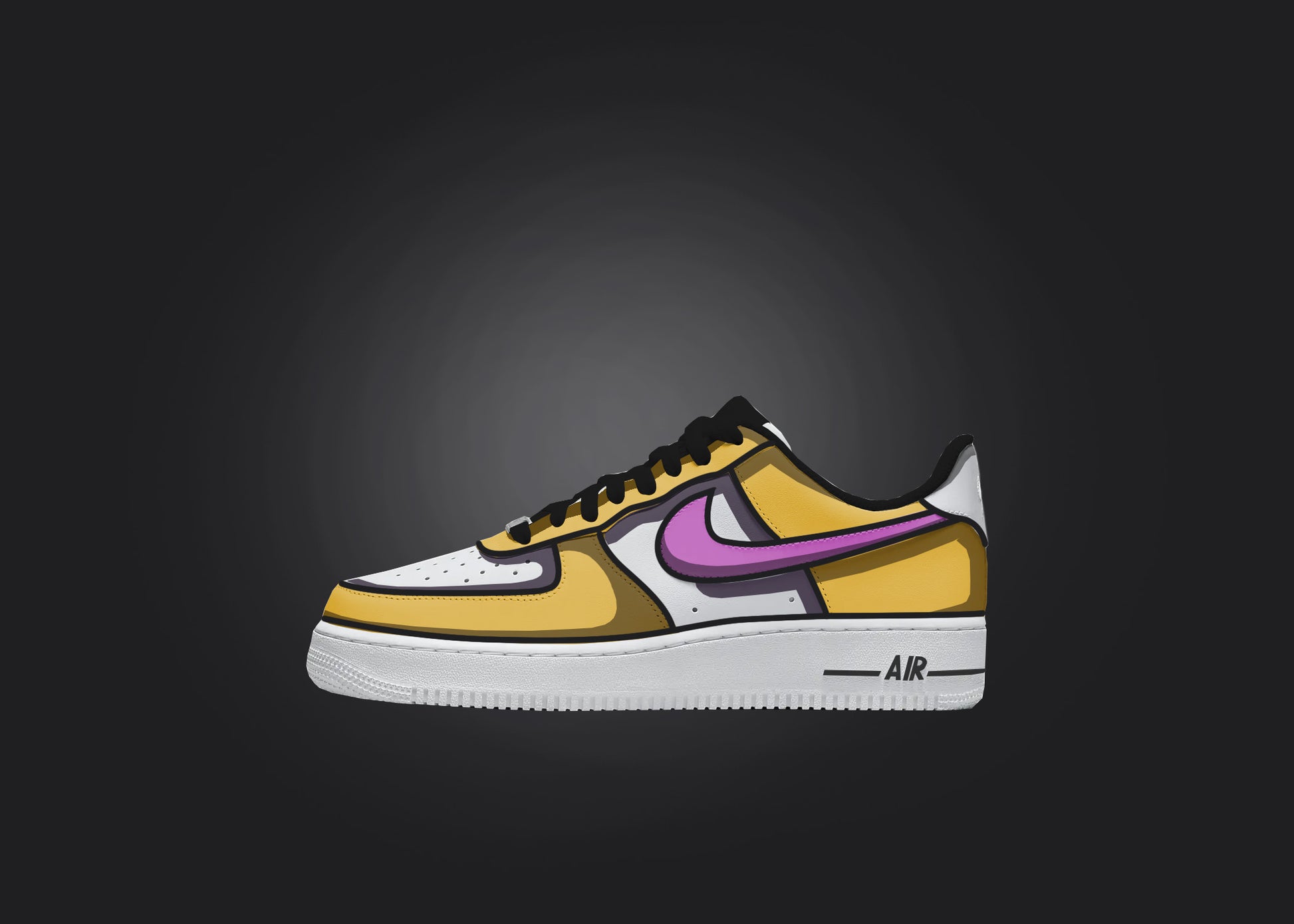 custom nike air force 1 sneaker with a shadow cartoon design in yellow and purple covering the sneakers