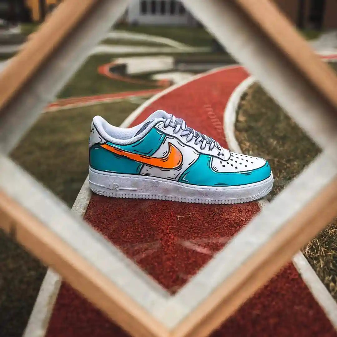 Custom Air Force 1 - Blue & Orange Cartoon, hand-painted custom sneaker by Wokecustoms