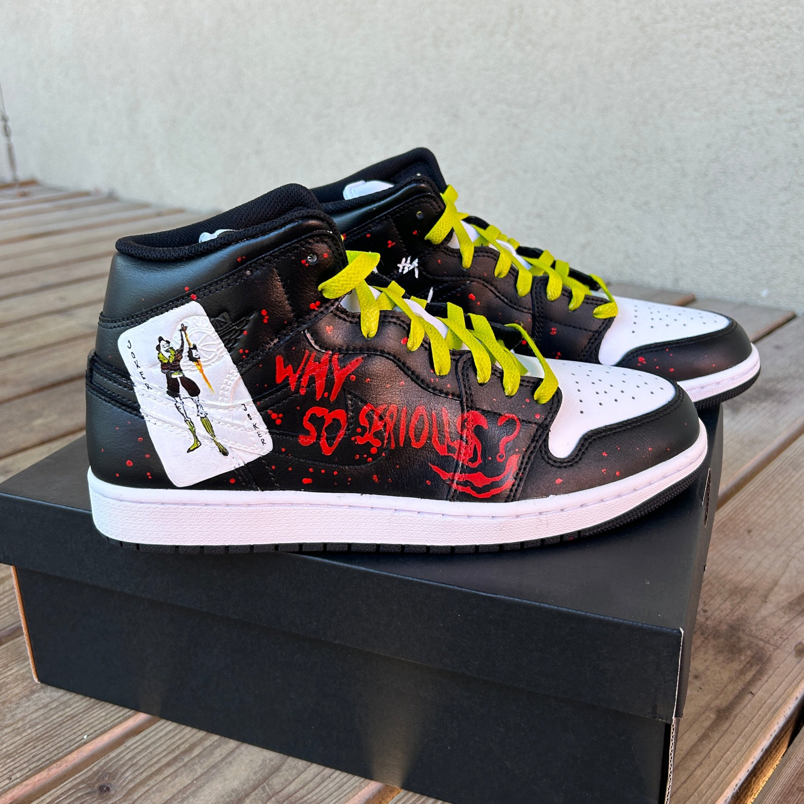 "Why So Serious" - Custom Air Jordan 1 Mid, hand-painted by Wokecustoms