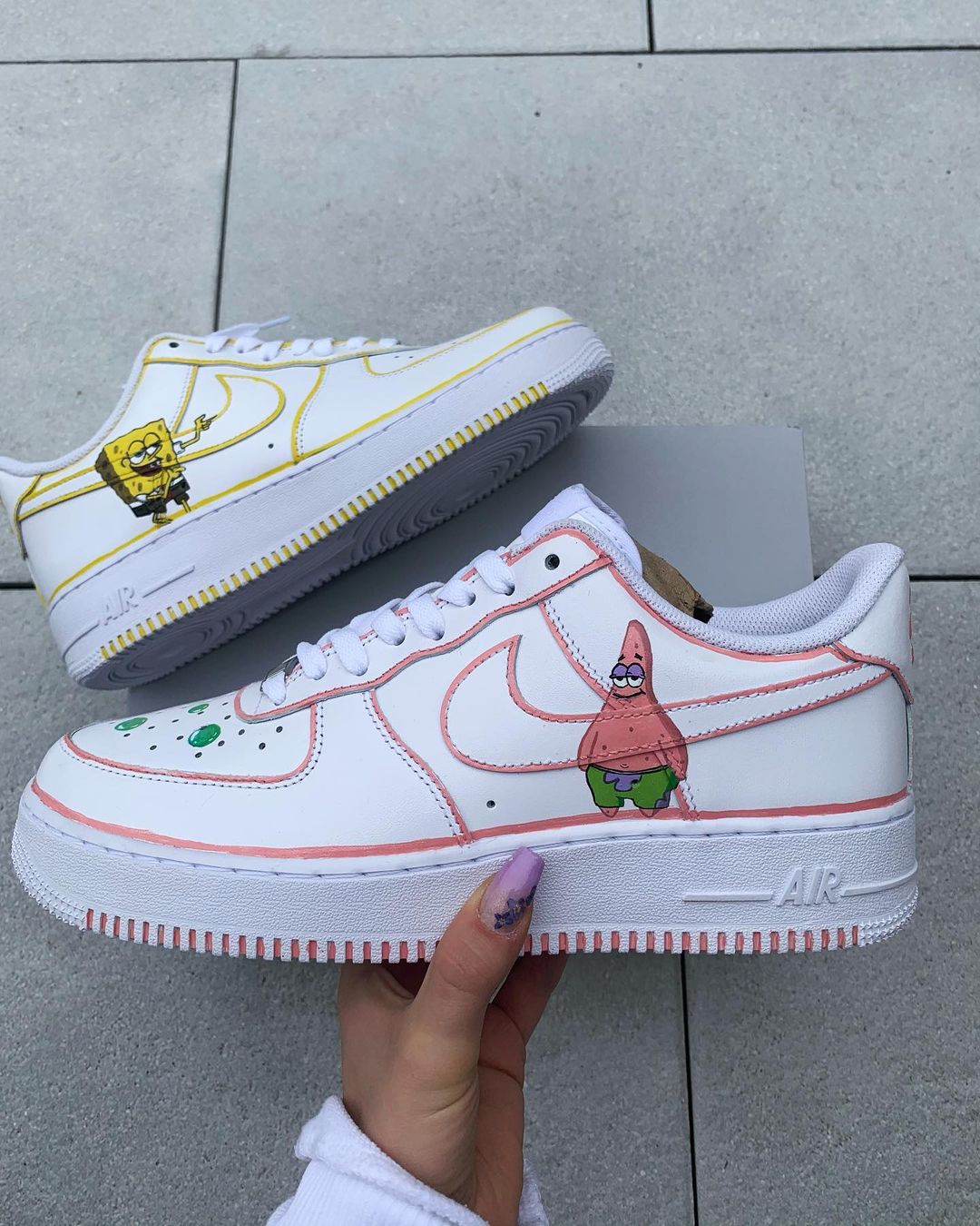 Spongebob and Patrick - Custom Nike Air Force 1s, hand-painted by Wokecustoms
