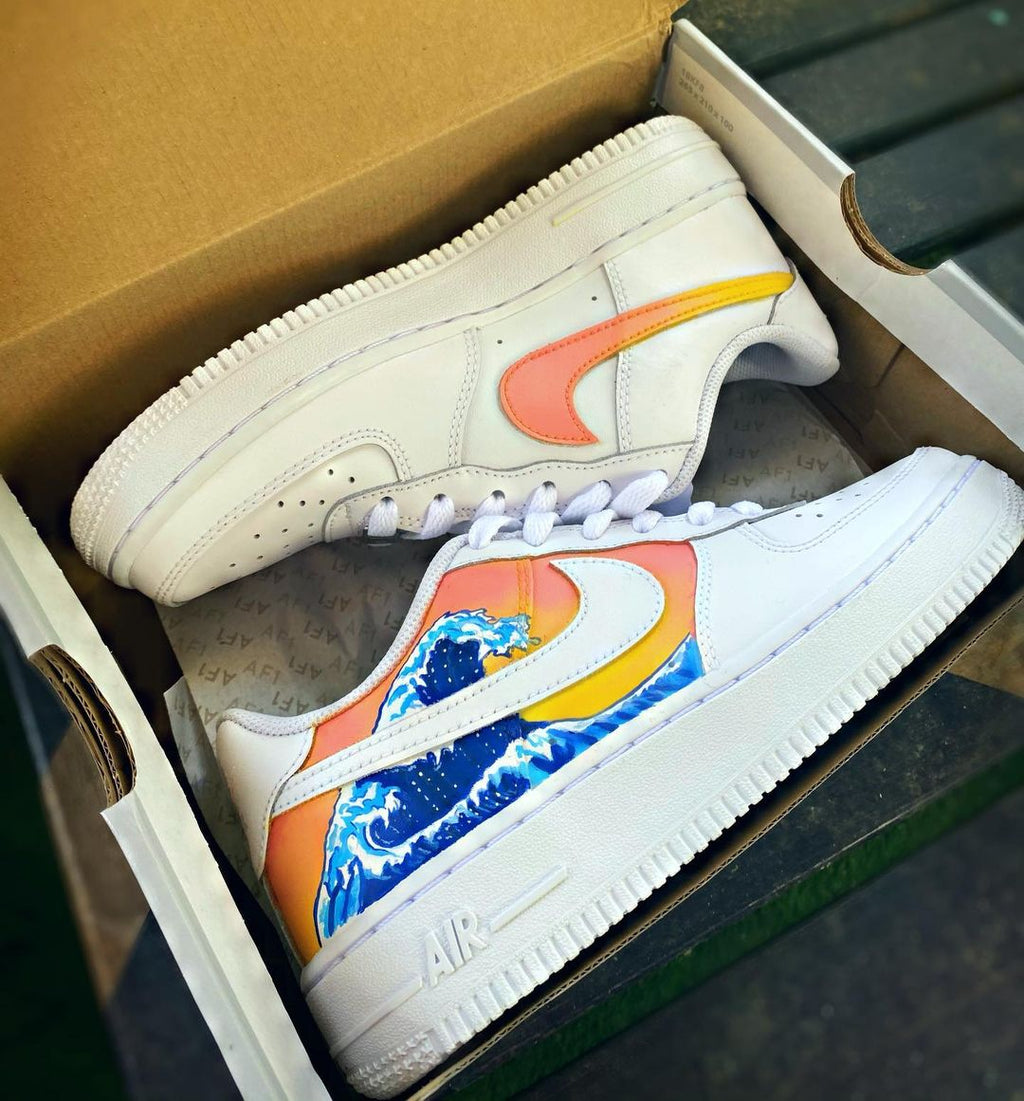 Ocean Sunset Waves - Custom Nike Air Force 1s, hand-painted by Wokecustoms