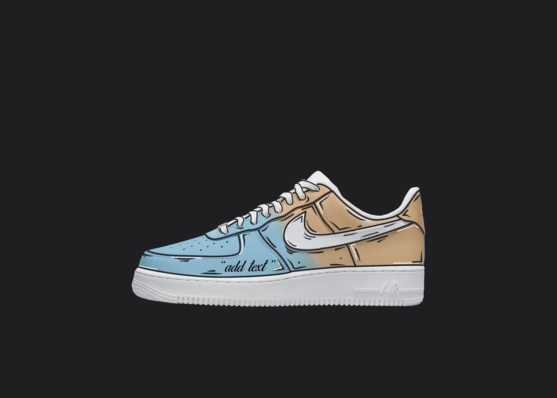 blue and orange fade custom air force 1s with cartoon details all over the sneakers