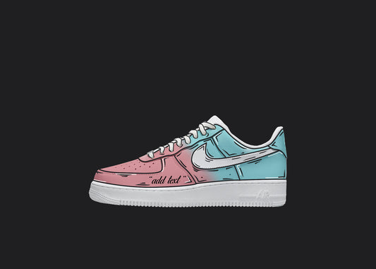 Pink and baby blue custom nike air force 1 sneaker with a cartoon design all over the white base featuring a custom text option on the sneakers. Design are painted by hand
