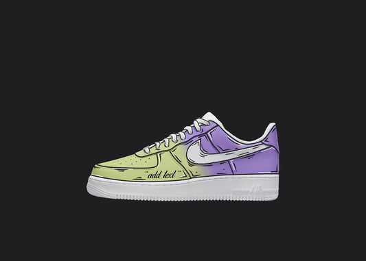 Purple and yellow color fade cusotm nike air force one sneakers featuring a cartoon finish with a custom "add your text" option