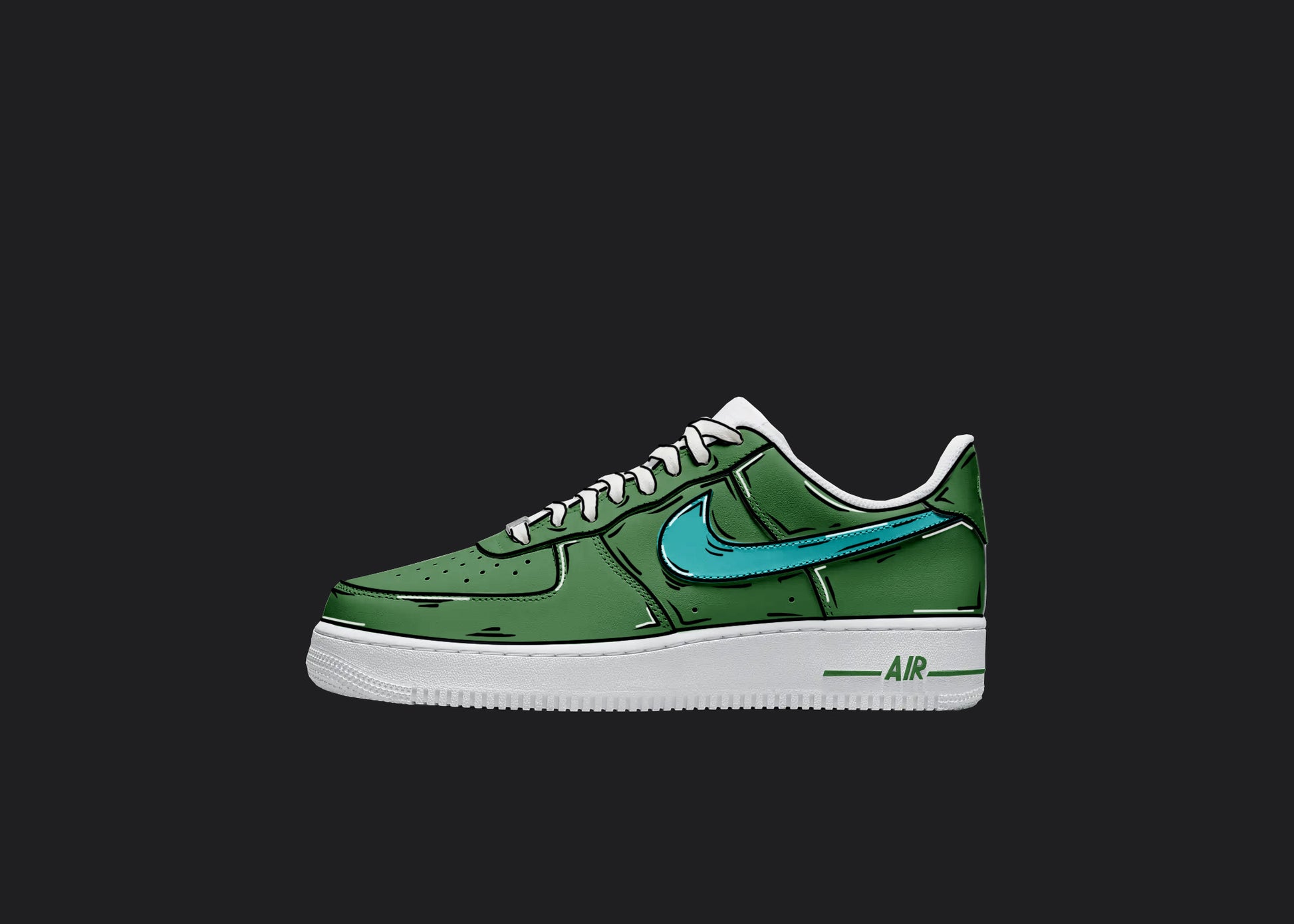 green and blue custom nike air force 1s with a cartoon finish 