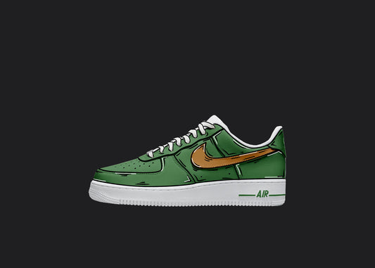 green and orange cartoon nike air force 1 hand painted design covering the entire shoe