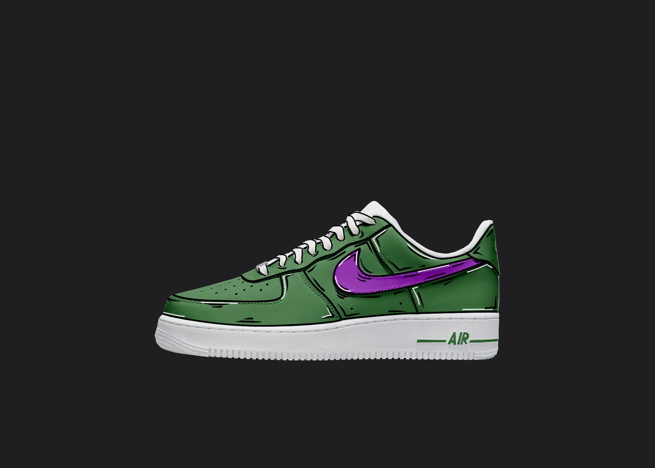 Green & Purple Cartoon - Custom Air Force 1s, hand-painted custom sneaker by Wokecustoms