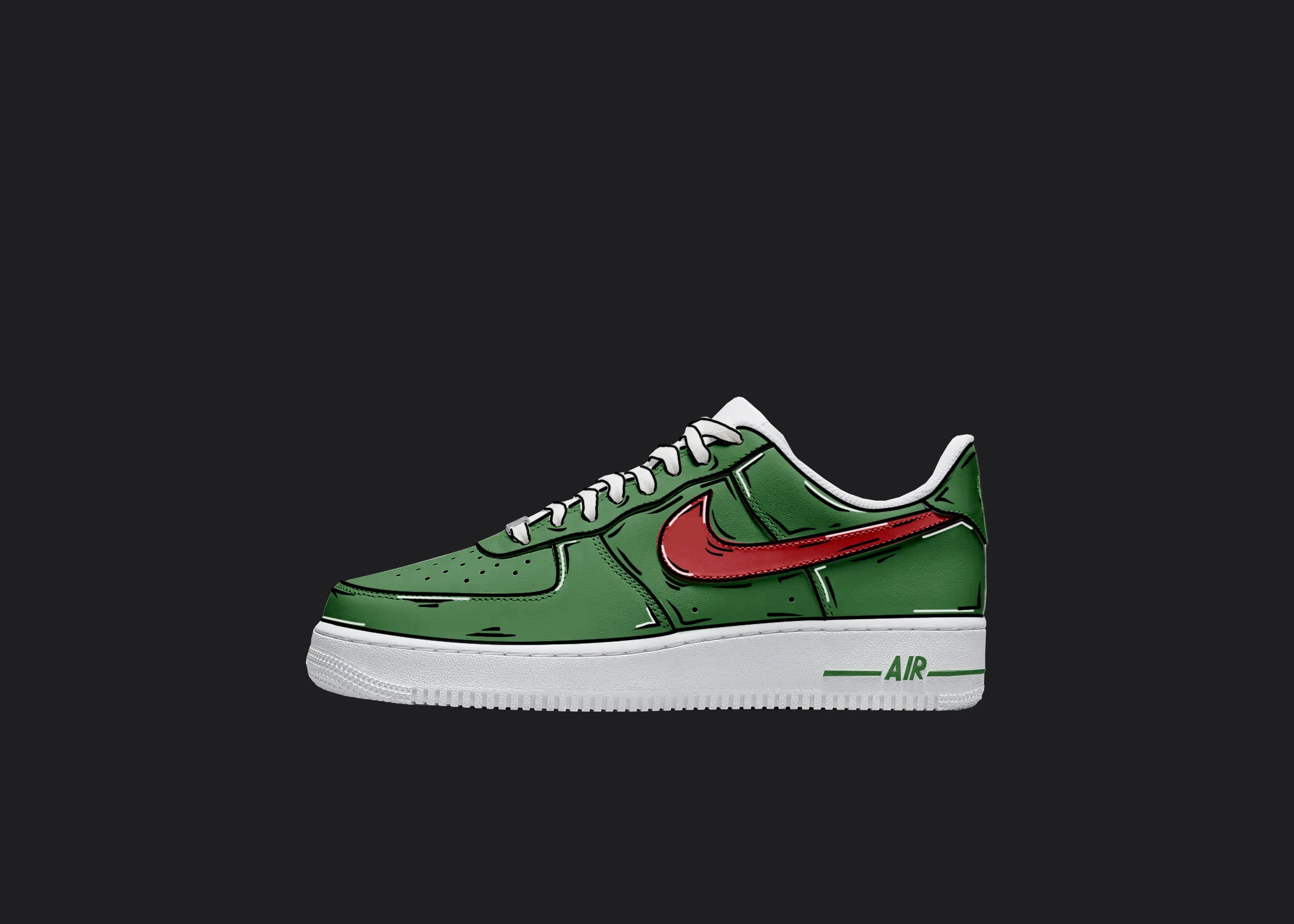 Green & Red Cartoon - Custom Air Force 1s, hand-painted custom sneaker by Wokecustoms