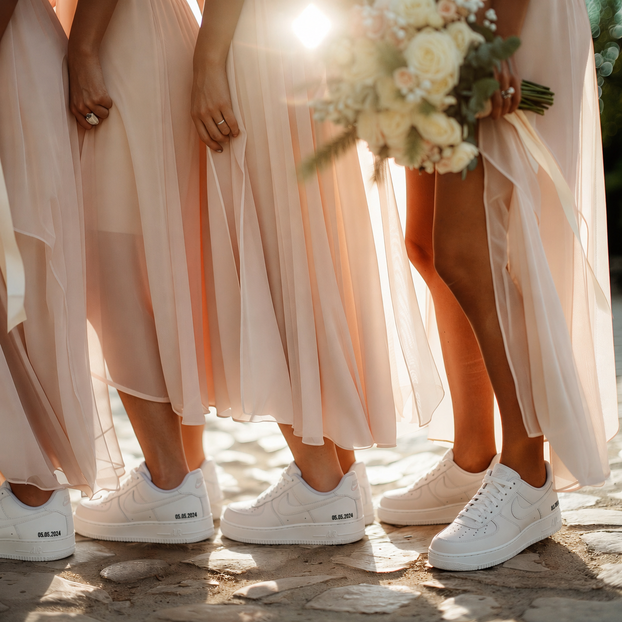 Three bridesmaids standing outdoors on a stone path, wearing matching blush pink chiffon midi dresses and white platform sneakers, with one holding a bouquet of cream roses.