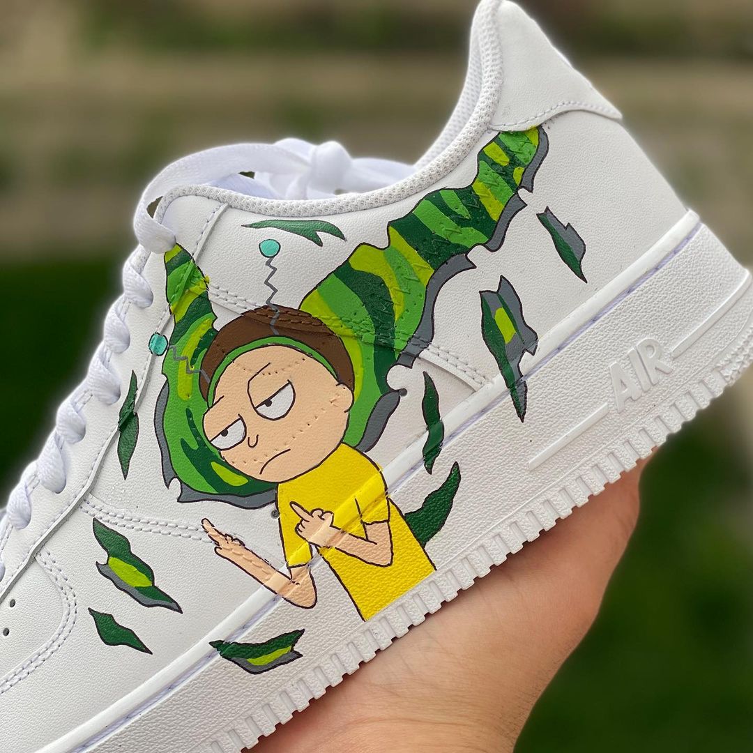 pair of nike air force 1s with a morty themed design on the side section of the sneakers. 