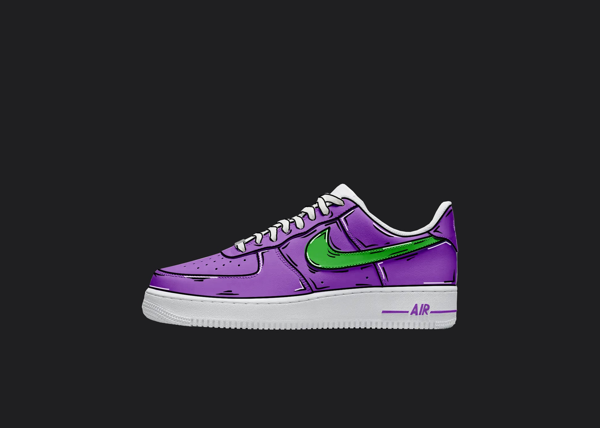 purple and green custom air force 1 sneakers with cartoon hand painted details all over the custom design