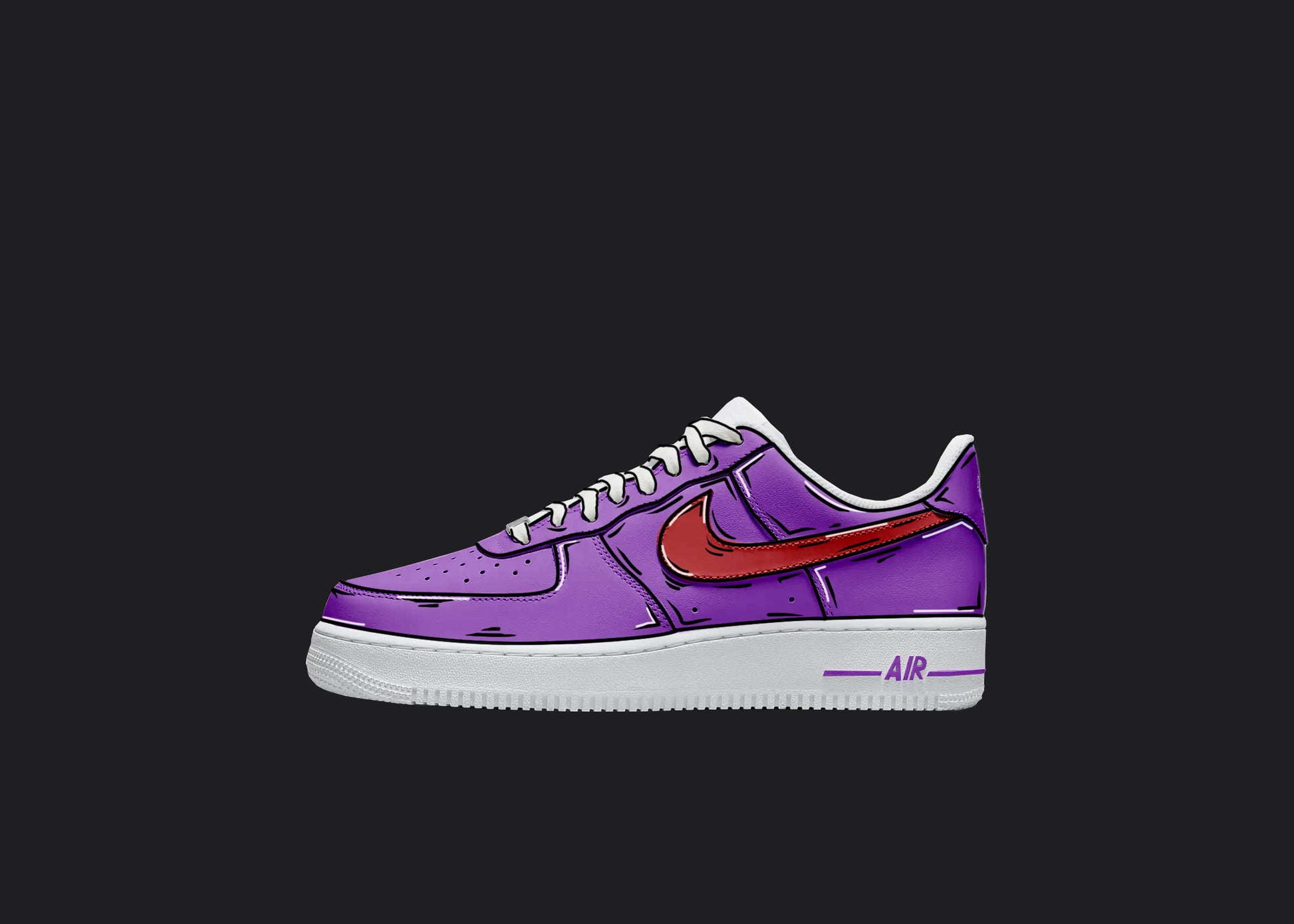 Purple and red cartoon nike custom air force 1s with black and white sketched details